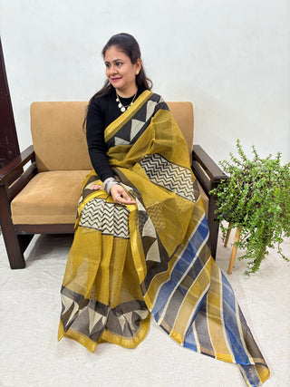 Hand Block Print Kota Doria Cotton Saree with Zari border and Unstitched Blouse Piece(Lining Included)