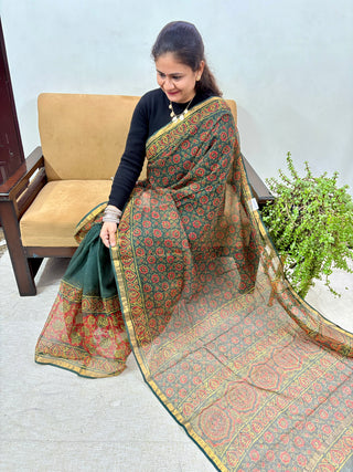 Ajrakh Handblock Print Kota Doria Cotton Saree with zari border and unstitched Blouse Piece(Lining Included)