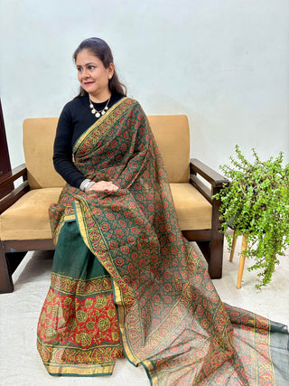 Ajrakh Handblock Print Kota Doria Cotton Saree with zari border and unstitched Blouse Piece(Lining Included)