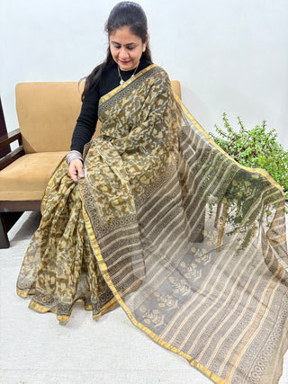 Vanaspati Ajrakh Hand Block Print Kota Doria Cotton Saree with zari border and unstitched Blouse Piece(Lining Included)