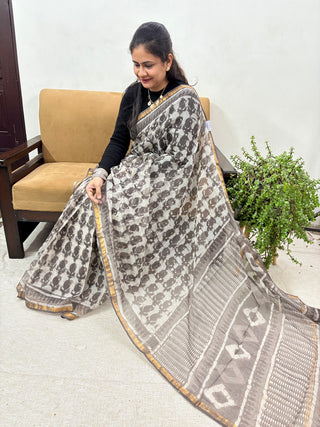 Hand Block Print Kota Doria Cotton Saree with Zari border and Unstitched Blouse Piece(Lining Included)