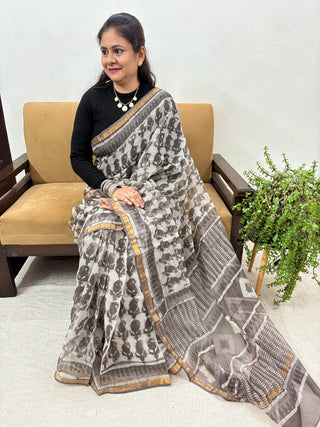 Hand Block Print Kota Doria Cotton Saree with Zari border and Unstitched Blouse Piece(Lining Included)