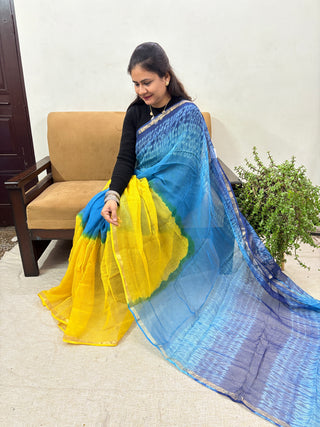 Multicolor Hand Block Print Kota Doria Cotton Saree with Zari border and Unstitched Blouse Piece(Lining Included)