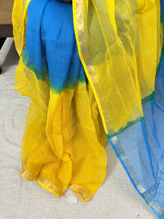 Multicolor Hand Block Print Kota Doria Cotton Saree with Zari border and Unstitched Blouse Piece(Lining Included)