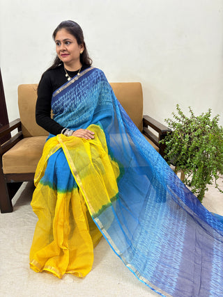 Multicolor Hand Block Print Kota Doria Cotton Saree with Zari border and Unstitched Blouse Piece(Lining Included)