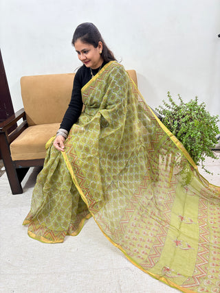 Olive Green Kota Doria Cotton Saree with Unstitched Blouse Piece(Lining Included)