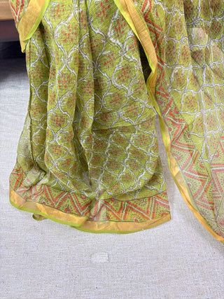 Olive Green Kota Doria Cotton Saree with Unstitched Blouse Piece(Lining Included)
