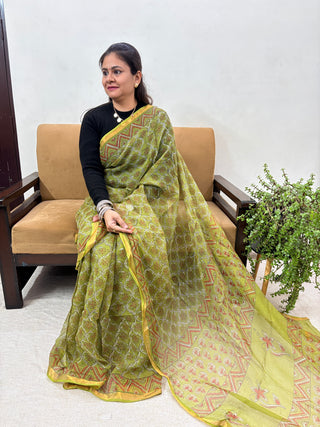 Olive Green Kota Doria Cotton Saree with Unstitched Blouse Piece(Lining Included)