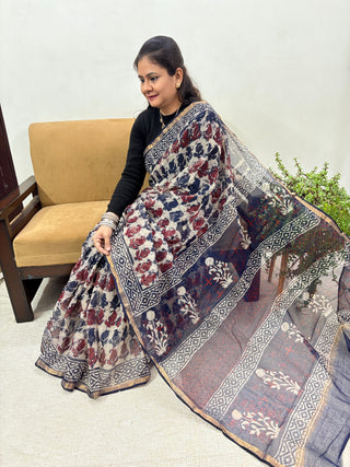Off White Paisley Print Hand Block Print Kota Doria Cotton Saree with Unstitched Blouse Piece(Lining Included)