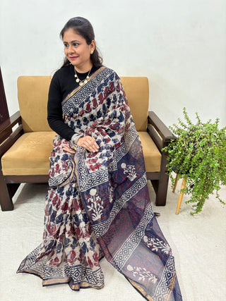 Off White Paisley Print Hand Block Print Kota Doria Cotton Saree with Unstitched Blouse Piece(Lining Included)