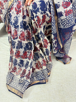 Off White Paisley Print Hand Block Print Kota Doria Cotton Saree with Unstitched Blouse Piece(Lining Included)