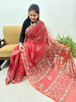 Handblock Print Kota Doria Cotton Saree with Zari border and Unstitched Blouse Piece(Lining Included)