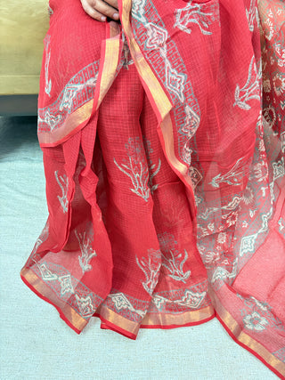 Handblock Print Kota Doria Cotton Saree with Zari border and Unstitched Blouse Piece(Lining Included)