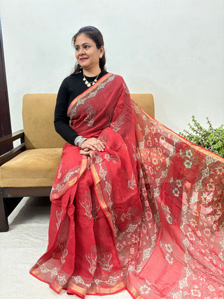Handblock Print Kota Doria Cotton Saree with Zari border and Unstitched Blouse Piece(Lining Included)