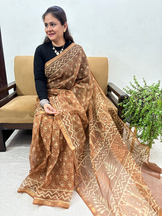 Hand Block Print Kota Doria Cotton Saree with Zari border and Unstitched Blouse Piece(Lining Included)