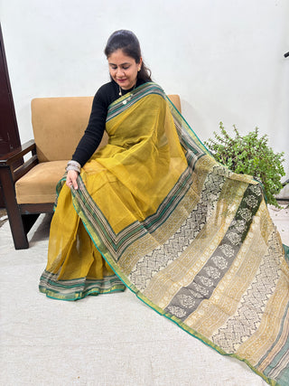 Handblock Print Kota Doria Cotton Saree with Zari border and Unstitched Blouse Piece(Lining Included)