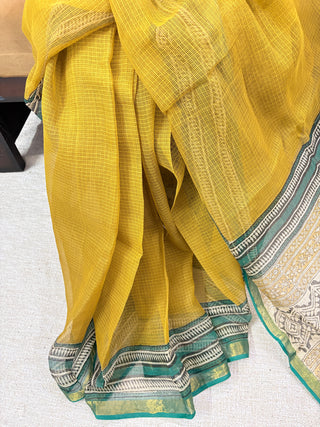 Handblock Print Kota Doria Cotton Saree with Zari border and Unstitched Blouse Piece(Lining Included)