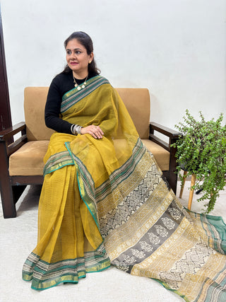 Handblock Print Kota Doria Cotton Saree with Zari border and Unstitched Blouse Piece(Lining Included)