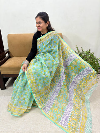 Light Green Hand Block Print Kota Doria Cotton Saree with Unstitched Blouse Piece(Lining Included)