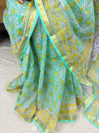 Light Green Hand Block Print Kota Doria Cotton Saree with Unstitched Blouse Piece(Lining Included)