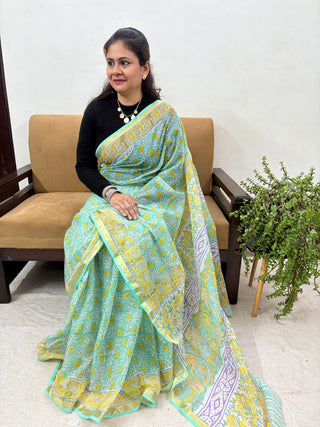 Light Green Hand Block Print Kota Doria Cotton Saree with Unstitched Blouse Piece(Lining Included)