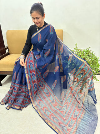 Ajrakh Handblock Print Kota Doria Cotton Saree with Zari border and Unstitched Blouse Piece