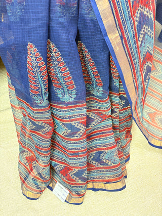 Ajrakh Handblock Print Kota Doria Cotton Saree with Zari border and Unstitched Blouse Piece