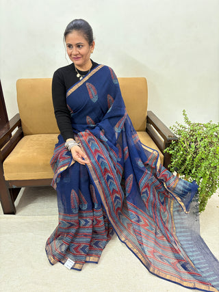 Ajrakh Handblock Print Kota Doria Cotton Saree with Zari border and Unstitched Blouse Piece