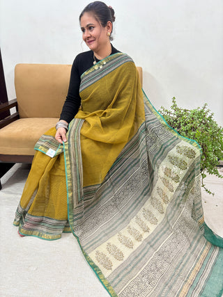 Hand Block Print Kota Doria Cotton Saree with Zari border and Unstitched Blouse Piece(Lining Included)