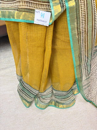 Hand Block Print Kota Doria Cotton Saree with Zari border and Unstitched Blouse Piece(Lining Included)