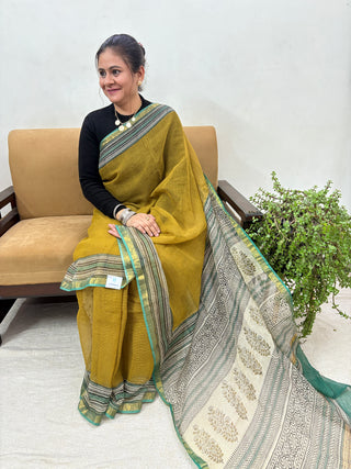 Hand Block Print Kota Doria Cotton Saree with Zari border and Unstitched Blouse Piece(Lining Included)