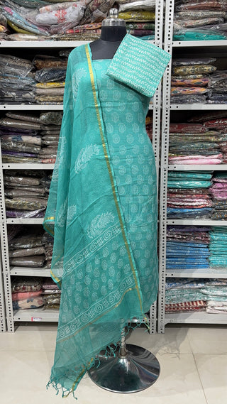 Hand block kota doria suit set for office wear with Lining included