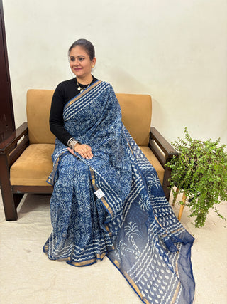Handblock Print Kota Doria Cotton Saree with Zari border and Unstitched Blouse Piece(Lining Included)