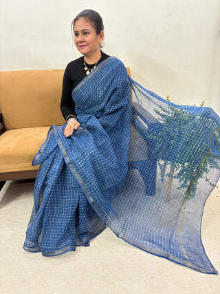 Hand block printed Kota Doria Cotton Saree with Unstitched Blouse Piece(Lining Included)