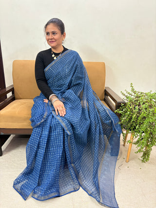 Hand block printed Kota Doria Cotton Saree with Unstitched Blouse Piece(Lining Included)