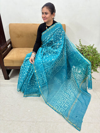 Hand block printed Kota Doria Cotton Saree with Unstitched Blouse Piece