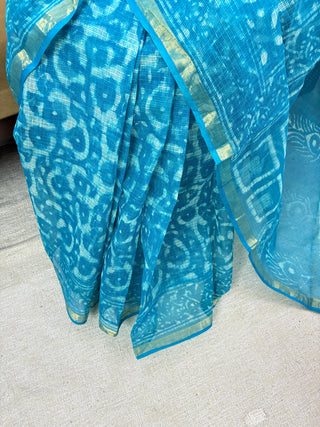Hand block printed Kota Doria Cotton Saree with Unstitched Blouse Piece