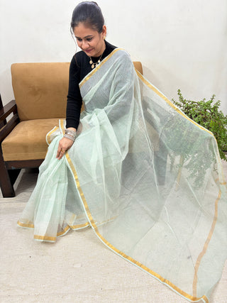 Akola Handblock Print Kota Doria Saree with Zari border and Unstitched Blouse Piece(Lining Included)