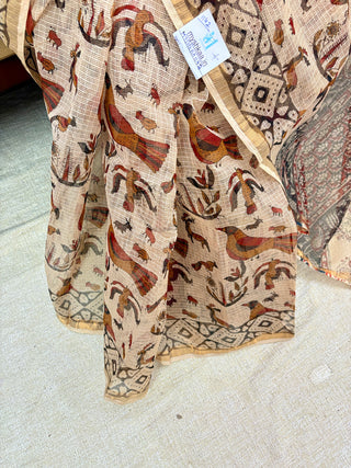Handblock Print Kota Doria Cotton Saree with Zari border and Unstitched Blouse Piece(Lining Included)