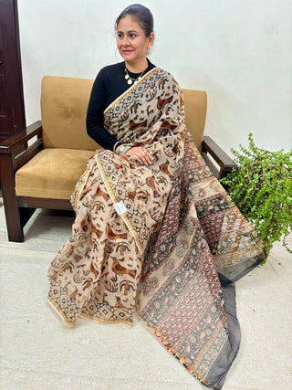 Handblock Print Kota Doria Cotton Saree with Zari border and Unstitched Blouse Piece(Lining Included)