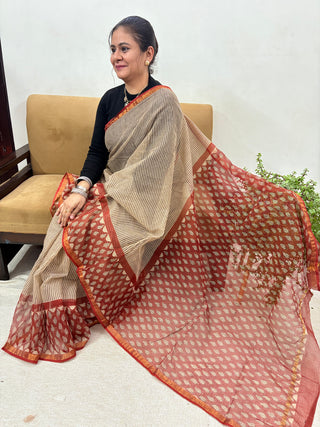 Hand Block Print Kota Doria Cotton Saree with Zari border and Unstitched Blouse Piece(Lining Included)
