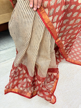 Hand Block Print Kota Doria Cotton Saree with Zari border and Unstitched Blouse Piece(Lining Included)