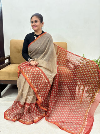 Hand Block Print Kota Doria Cotton Saree with Zari border and Unstitched Blouse Piece(Lining Included)