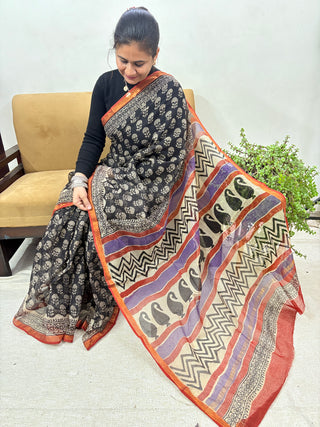 Handblock Print Kota Doria Cotton Saree with Zari border and Unstitched Blouse Piece(Lining Included)