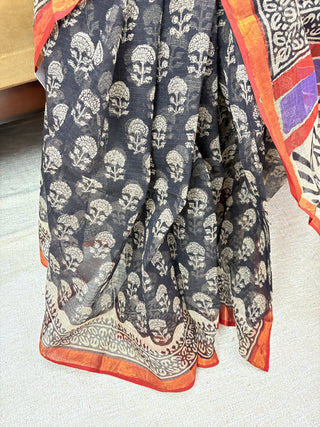 Handblock Print Kota Doria Cotton Saree with Zari border and Unstitched Blouse Piece(Lining Included)