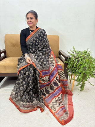 Handblock Print Kota Doria Cotton Saree with Zari border and Unstitched Blouse Piece(Lining Included)