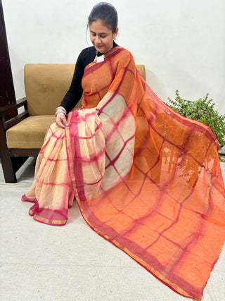 Shibori Handblock Print Kota Doria Cotton Saree with Zari border and Unstitched Blouse Piece(Lining Included)