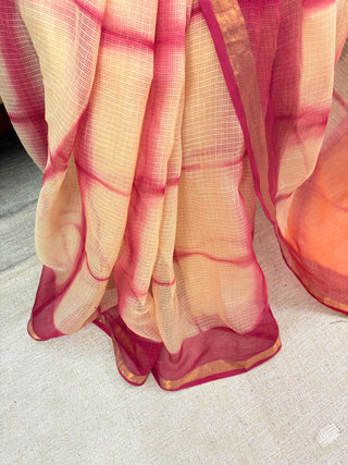 Shibori Handblock Print Kota Doria Cotton Saree with Zari border and Unstitched Blouse Piece(Lining Included)