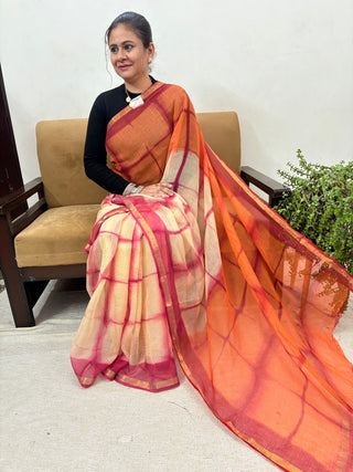 Shibori Handblock Print Kota Doria Cotton Saree with Zari border and Unstitched Blouse Piece(Lining Included)