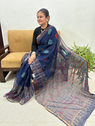 Hand Block Print Kota Doria Cotton Saree with zari border and unstitched Blouse Piece(Lining Included)